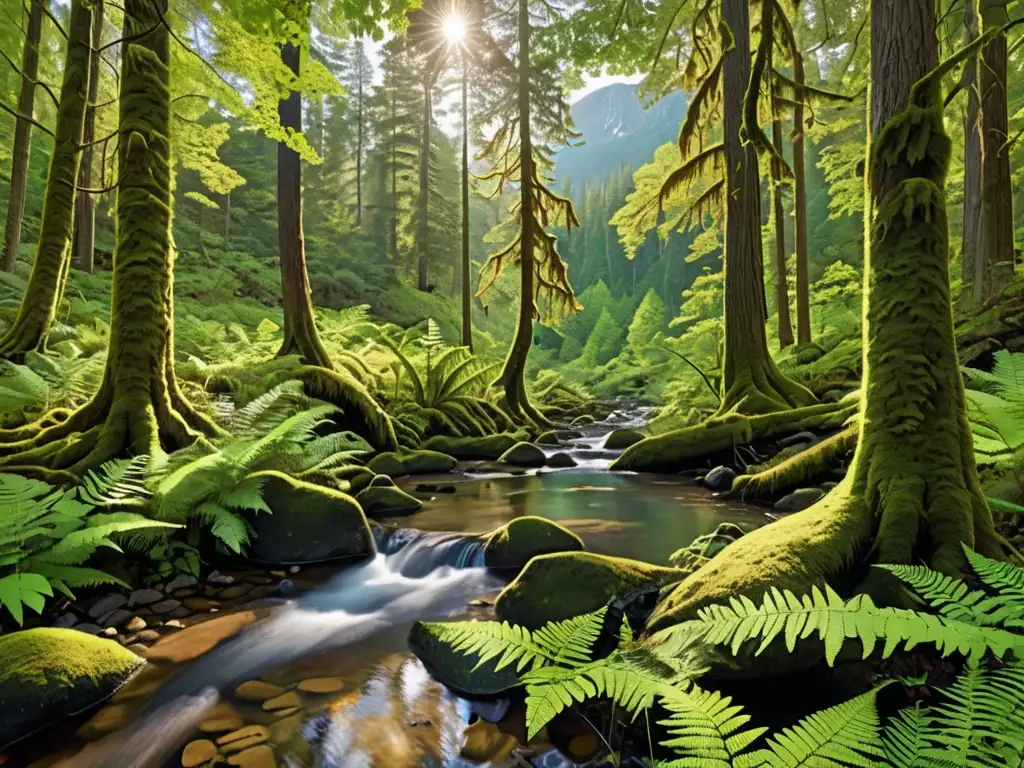 Imagen de exuberante bosque con diversidad de árboles, vida silvestre y un arroyo cristalino