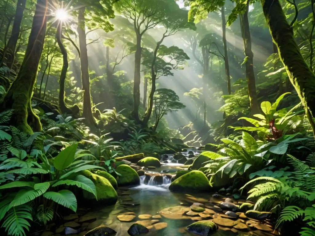 Imagen de un exuberante bosque con diversidad de plantas y un arroyo, transmitiendo la belleza natural y la biodiversidad