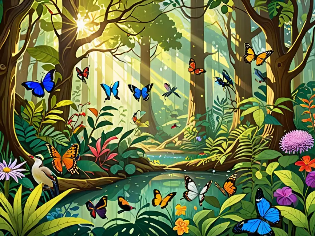 Imagen de un exuberante bosque lleno de vida y diversidad, con árboles altos, flores coloridas y animales variados