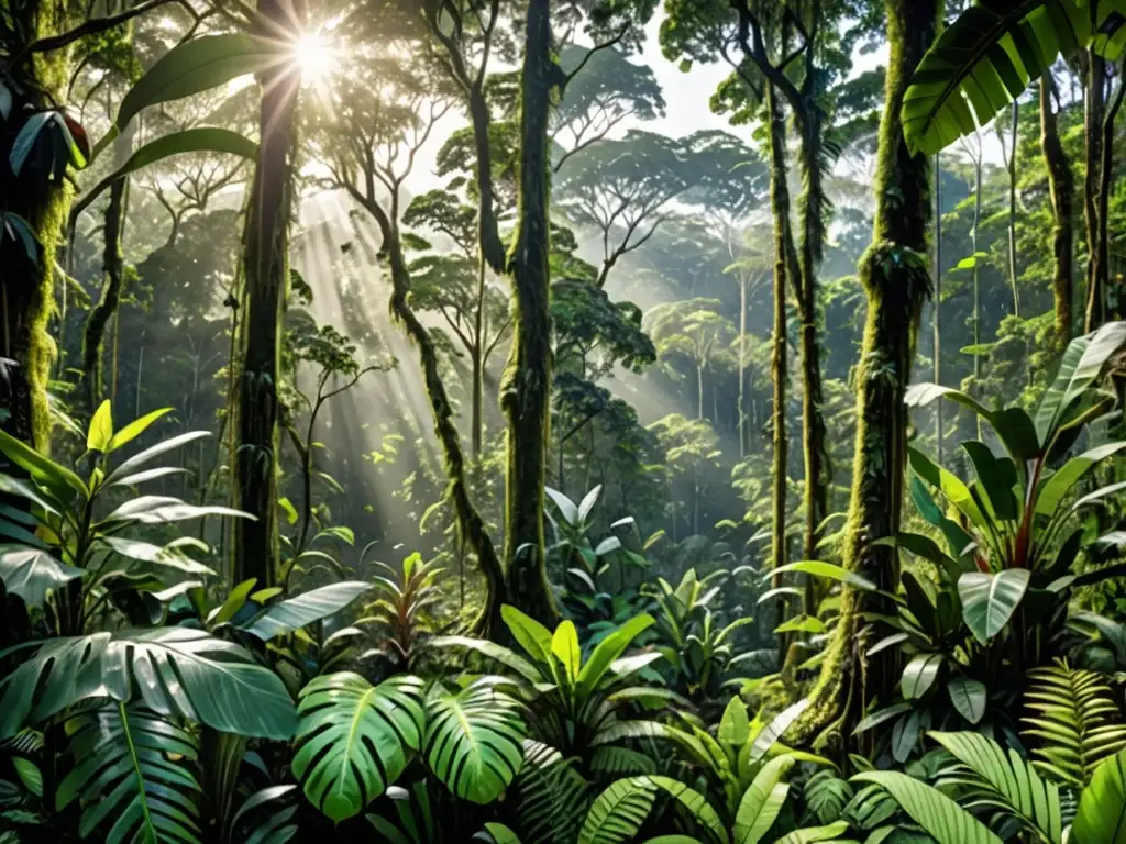 Imagen 8k de un exuberante bosque lluvioso amazónico, con árboles gigantes, follaje verde vibrante y vida silvestre