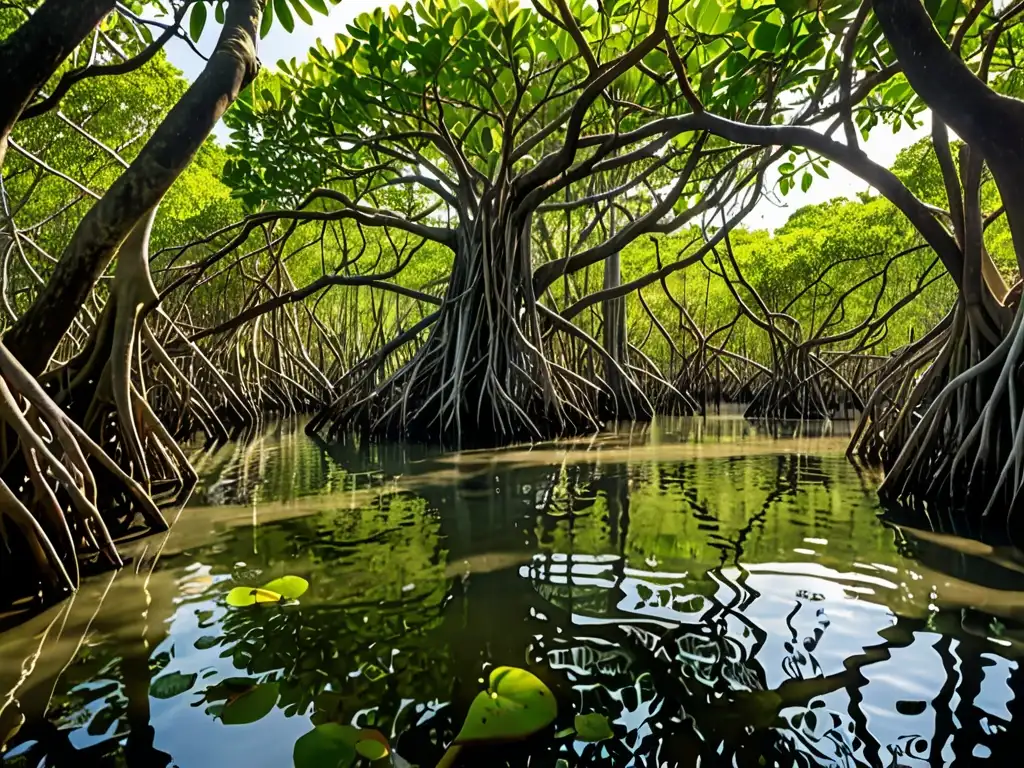 Imagen de un exuberante bosque de manglares, con raíces enredadas en el agua y follaje verde denso