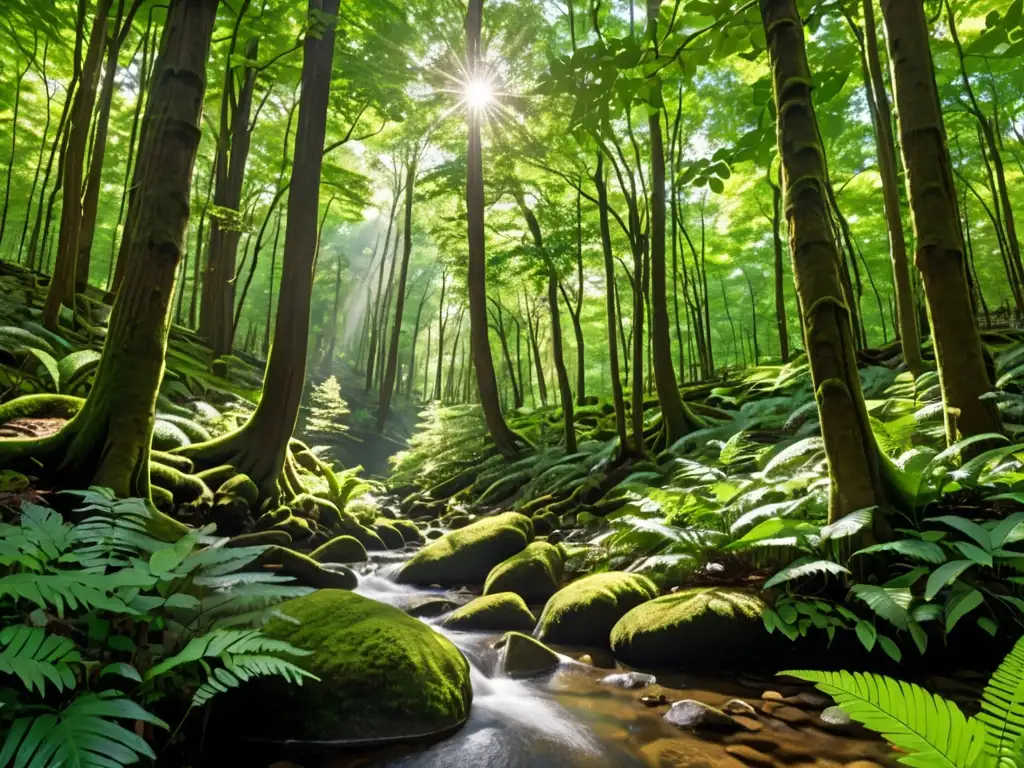 Imagen de un exuberante bosque con rayos de sol entre el dosel, resaltando la biodiversidad