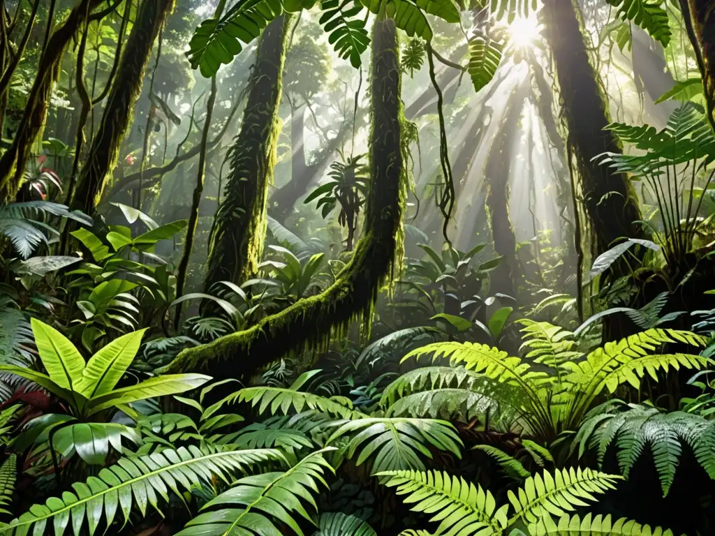 Imagen de un exuberante bosque tropical, con diversa vegetación y vida silvestre