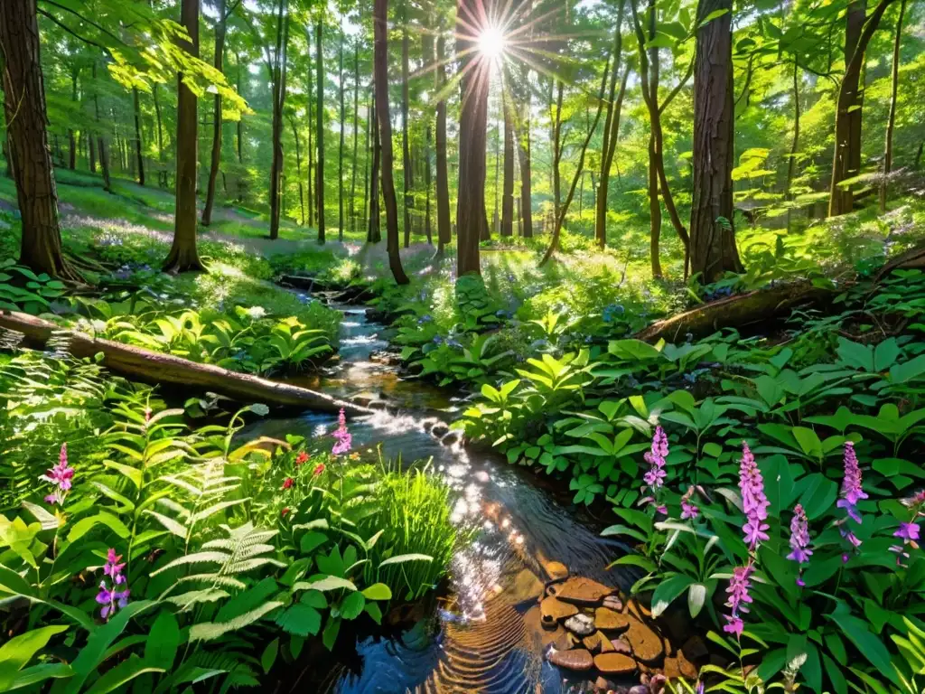 Imagen de un exuberante bosque verde con luz solar filtrándose entre el dosel, creando sombras moteadas en el suelo