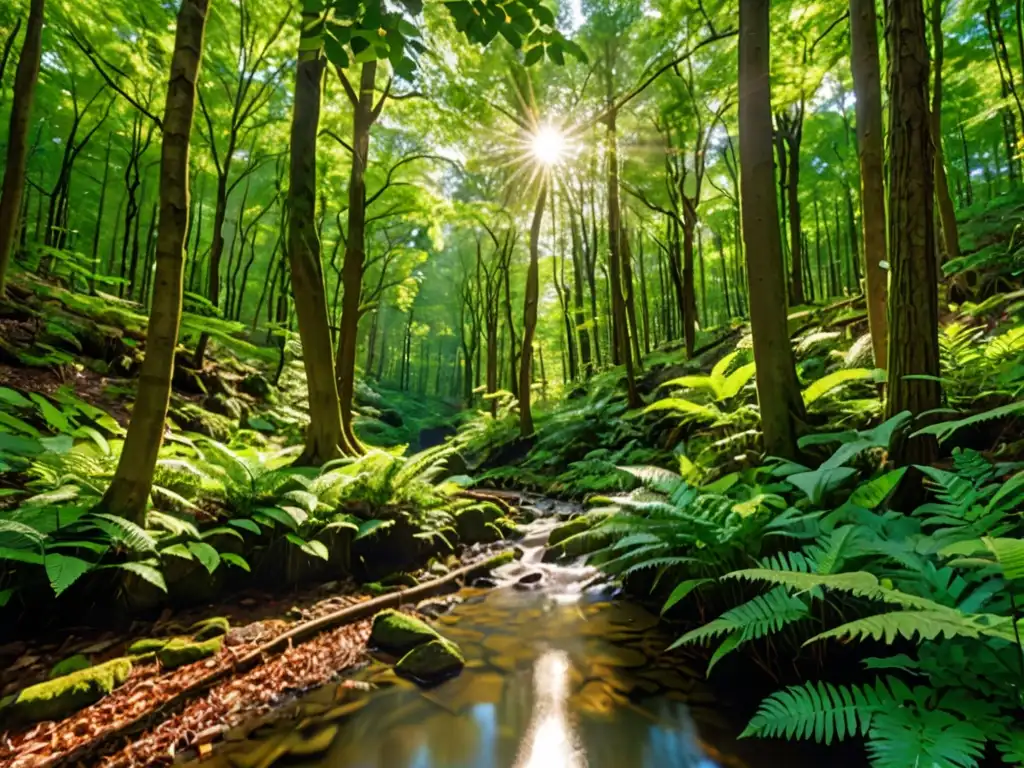 Imagen de un exuberante bosque verde con árboles altos y luz solar filtrándose entre las hojas