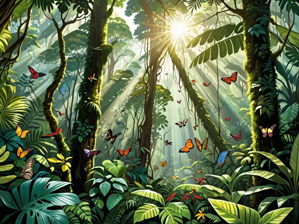 Imagen de un exuberante y denso bosque tropical, con diversa flora y fauna