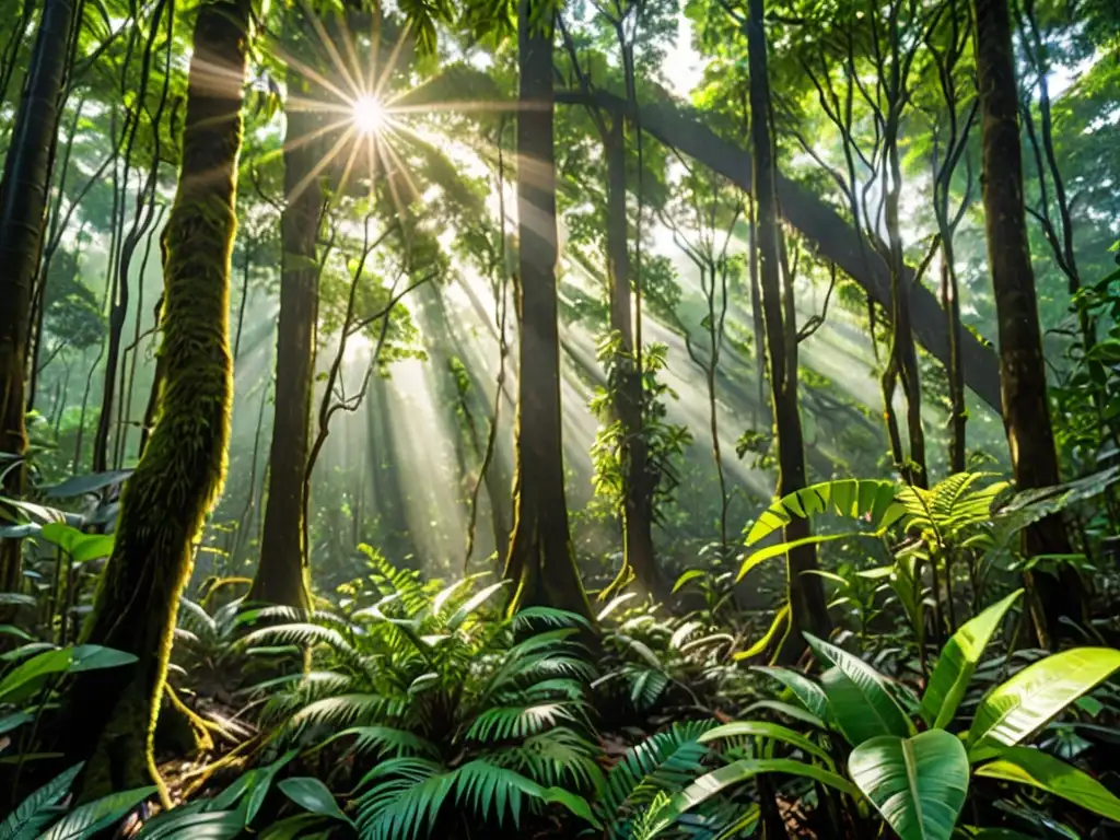 Imagen de un exuberante y denso bosque en Asia, con una diversidad vibrante de flora y fauna