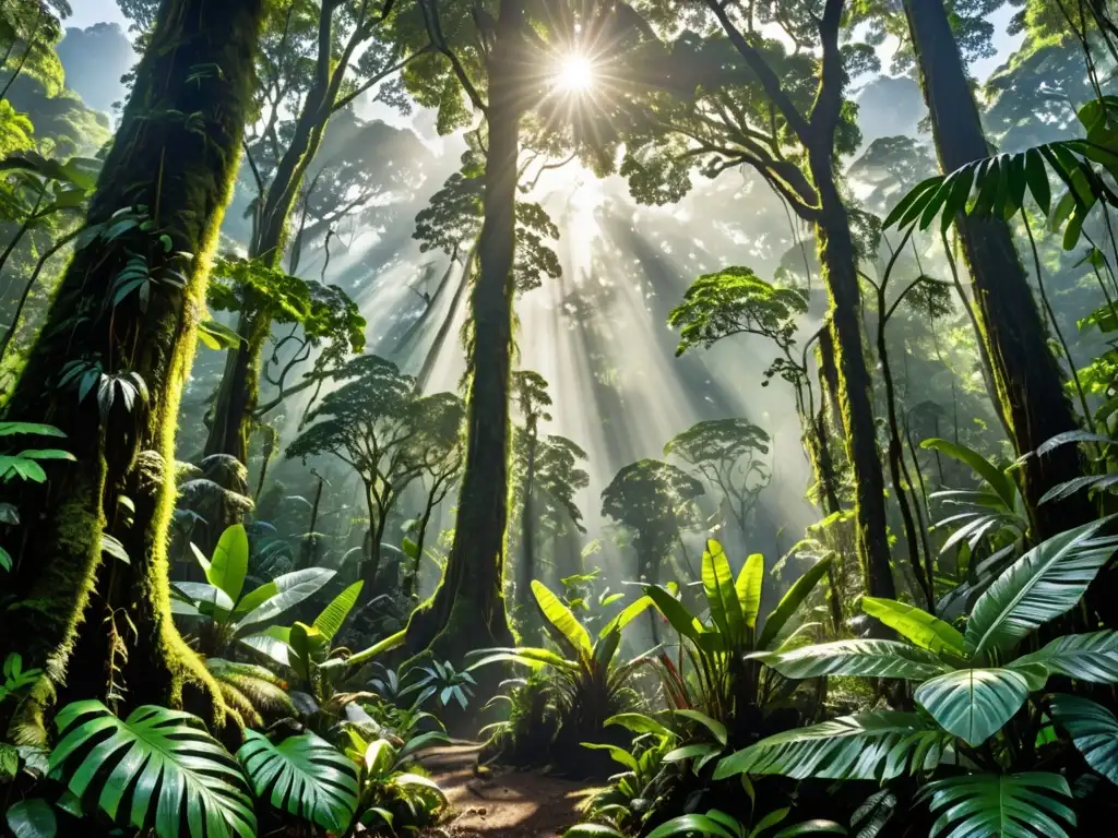 Imagen de un exuberante y denso bosque lluvioso con árboles imponentes y una variedad de follaje verde vibrante