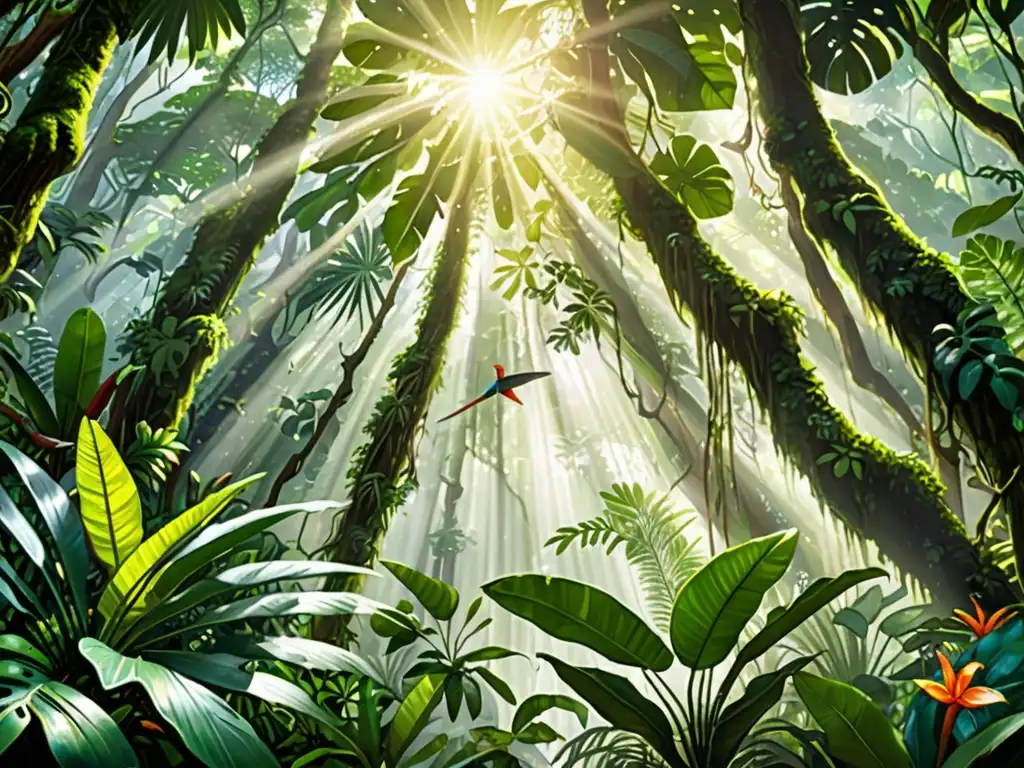 Imagen de un exuberante y diverso bosque tropical, resaltando la importancia del comercio sostenible y la conservación del medio ambiente