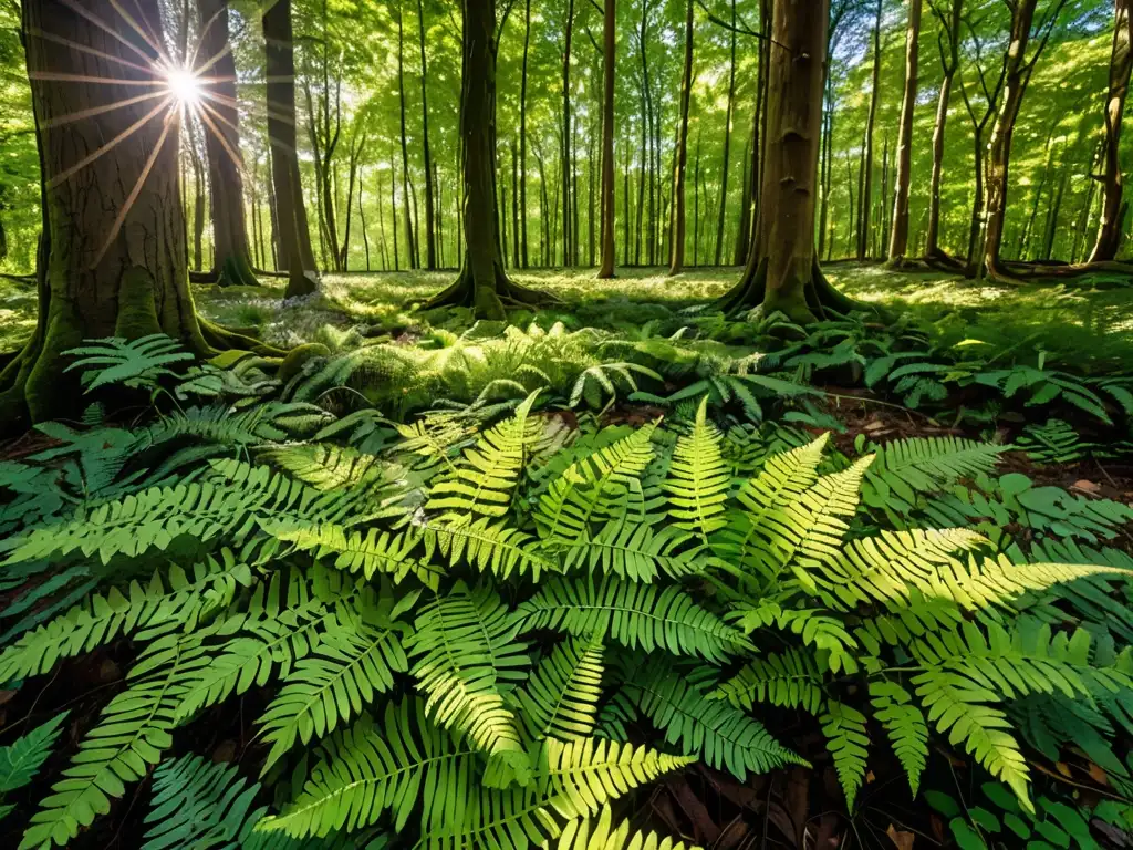 Imagen de un exuberante y diverso bosque europeo desde un punto elevado, mostrando la interacción de luz y sombra en la exuberante vegetación