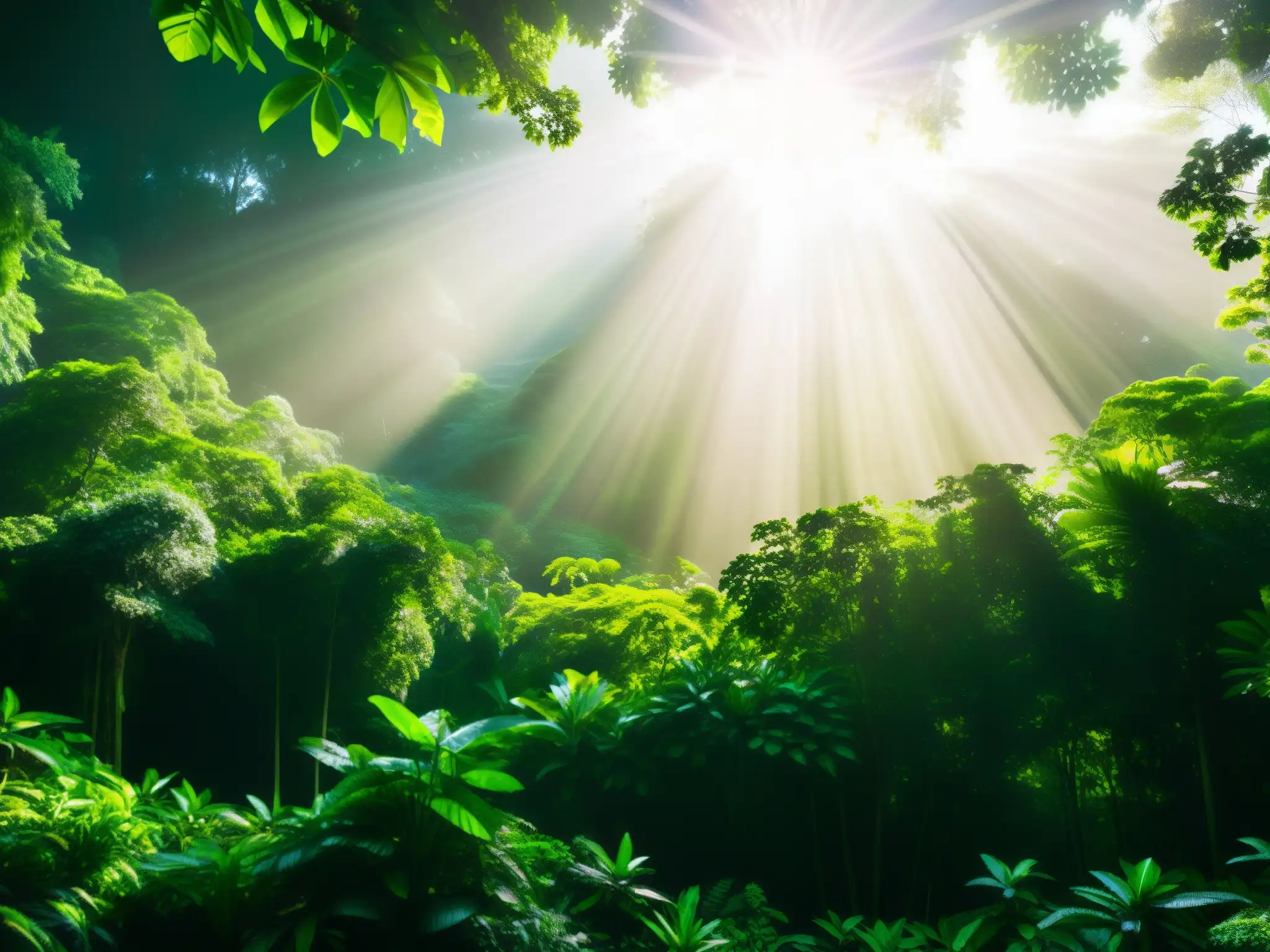 Selva exuberante: luz y vida en equilibrio Imagen de un exuberante dosel de selva tropical, con luz solar filtrándose entre las frondosas hojas verdes