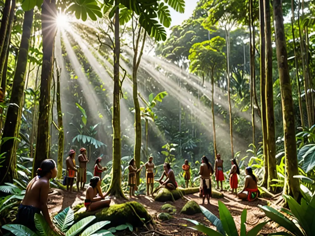 Imagen de un exuberante dosel de selva tropical con pueblos indígenas practicando la planificación sostenible en armonía con la naturaleza