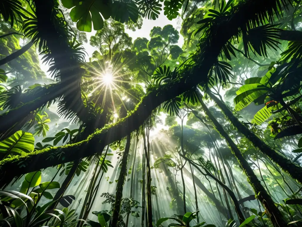 Imagen de un exuberante dosel de selva lluviosa con diversa vida vegetal