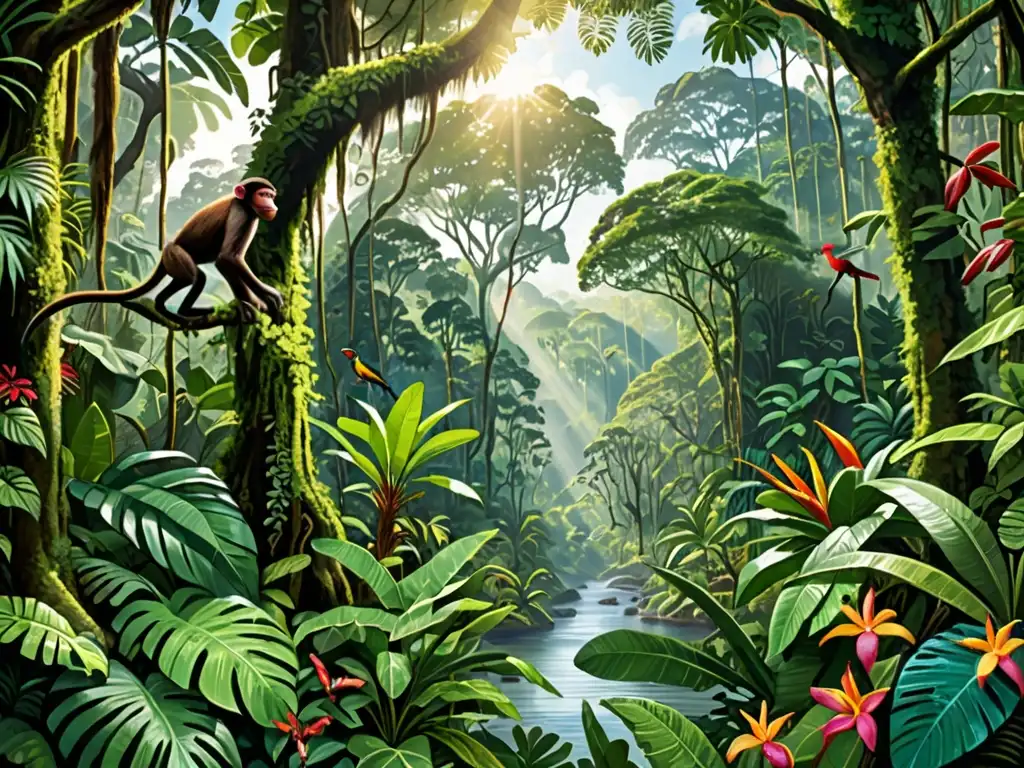 Imagen de un exuberante ecosistema de selva tropical con diversa vida vegetal y animal