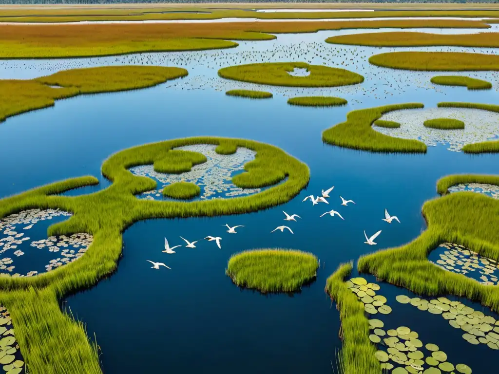 Imagen de un exuberante humedal con diversa flora y fauna, reflejando el cielo azul