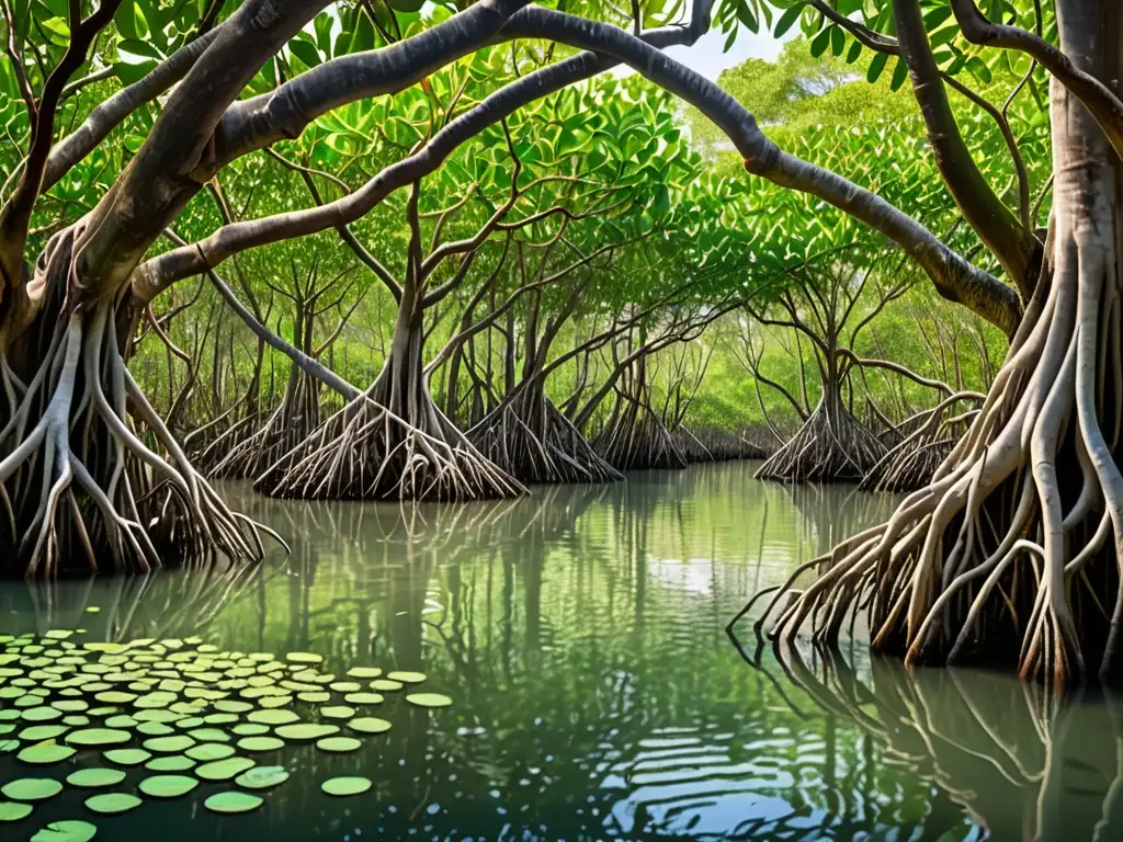 Imagen de un exuberante manglar, con raíces enredadas, hojas verdes y diversa vida silvestre