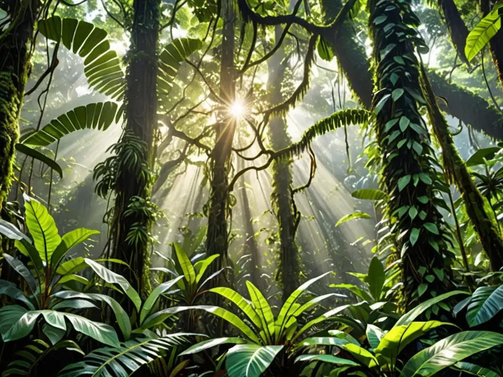 Imagen de un exuberante y próspero bosque lluvioso, con diversidad de vida vegetal y verdor vibrante