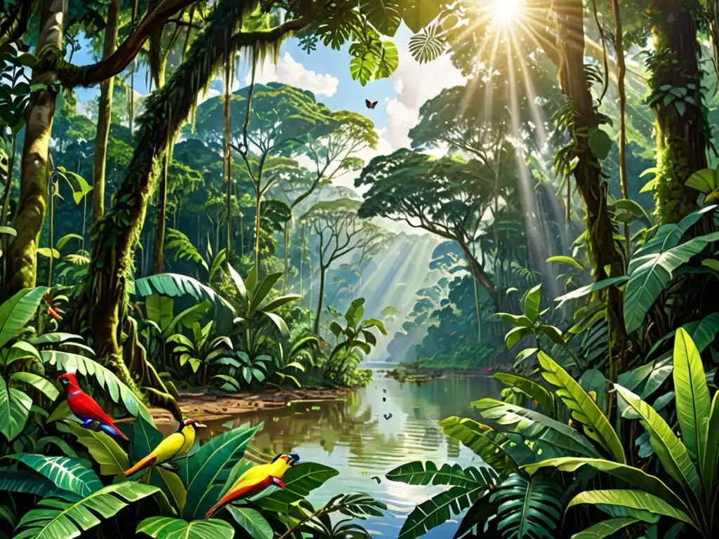 Imagen de la exuberante selva amazónica con diversa flora y fauna