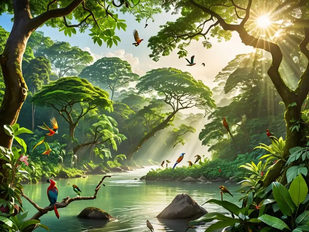 Imagen de exuberante selva con diversa vida silvestre y río tranquilo