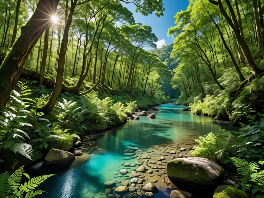 Imagen de una exuberante y prístina selva con diversa flora y fauna, un río cristalino y un cielo azul vibrante