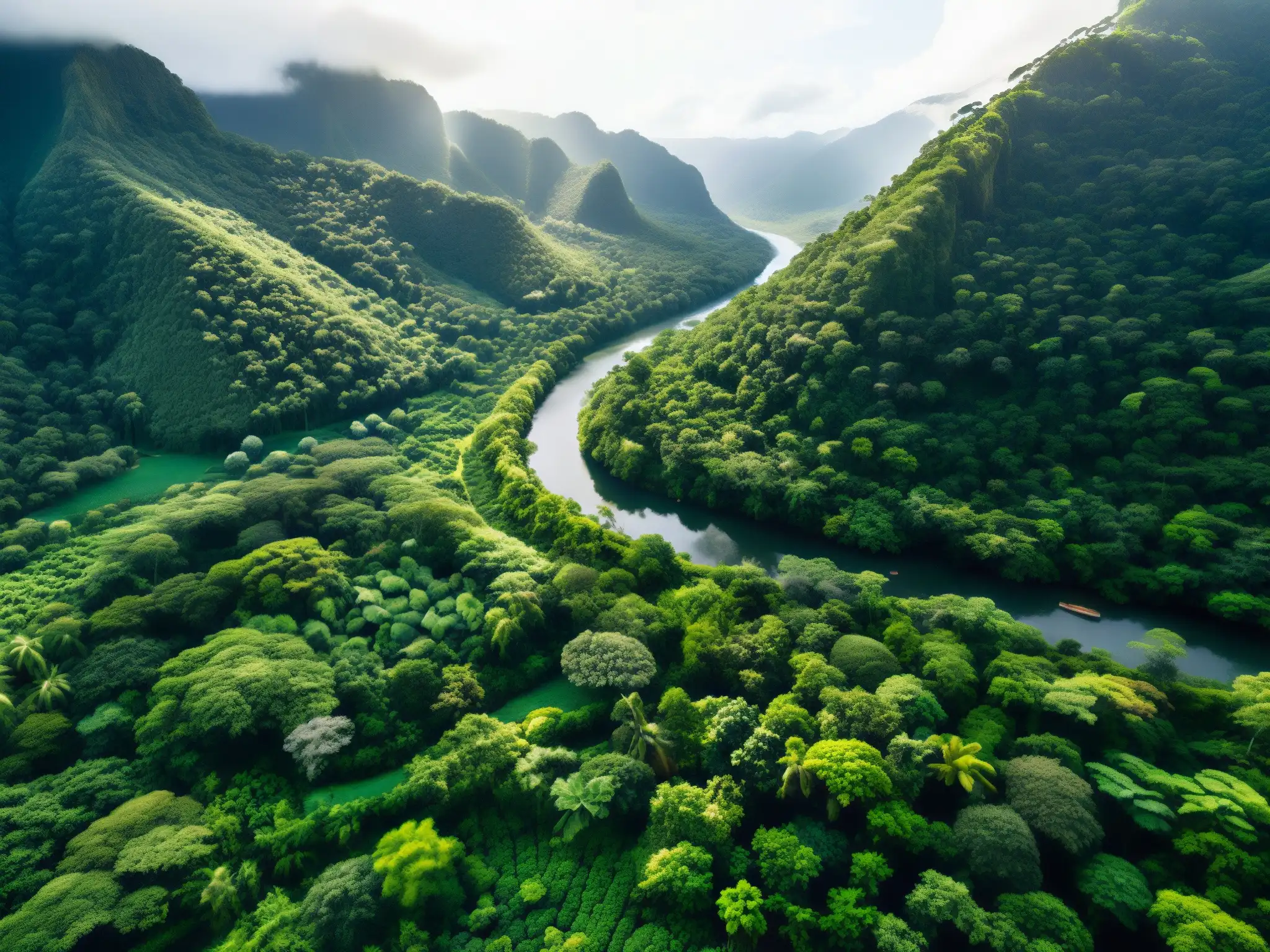 Imagen de una exuberante selva con diversidad de árboles, vegetación vibrante y un río serpenteante