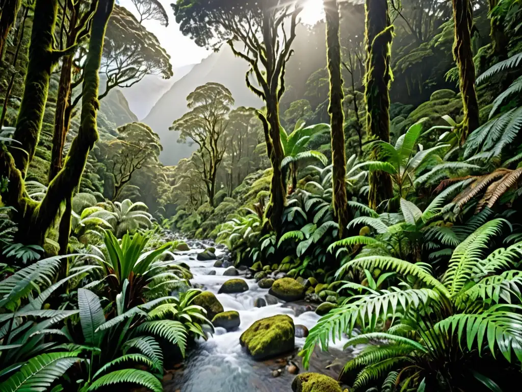 Imagen de exuberante selva de Nueva Zelanda, con montañas brumosas y arroyo