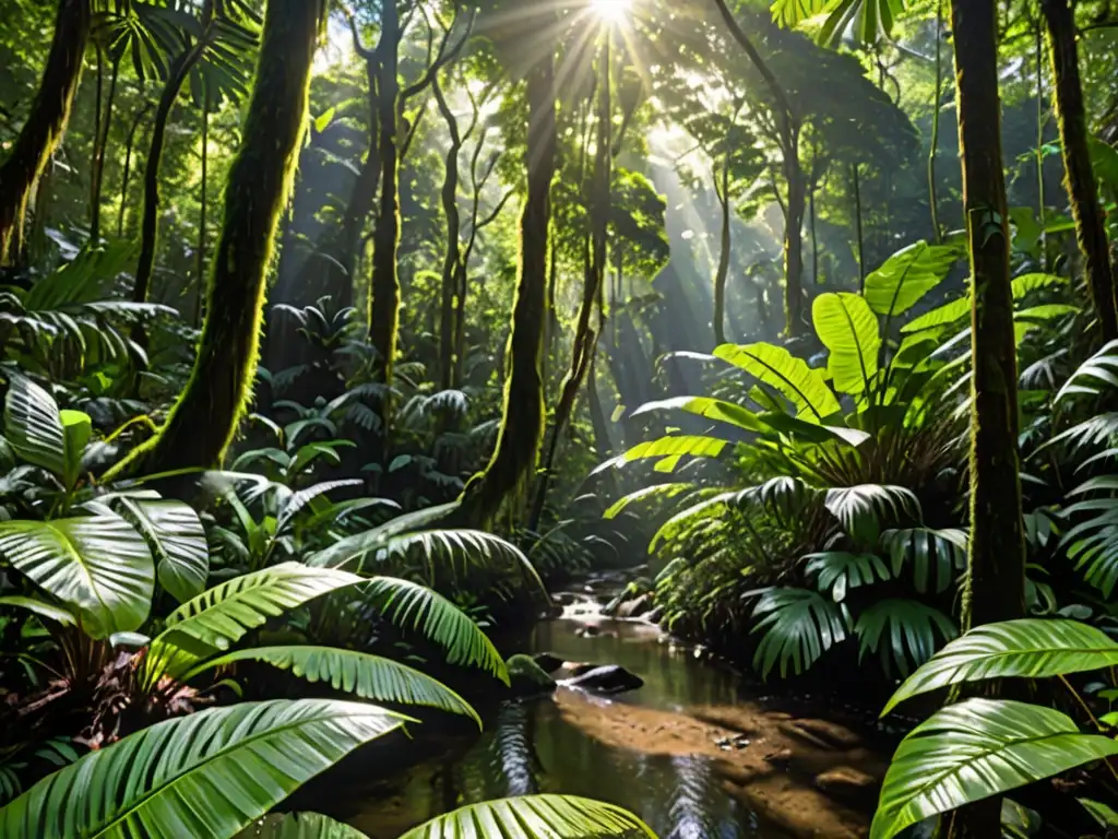 Imagen de exuberante selva tropical con diversa vida silvestre, árboles altos y densa vegetación