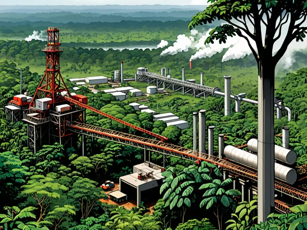 Una imagen de una exuberante selva tropical con vida silvestre contrastada con maquinaria industrial