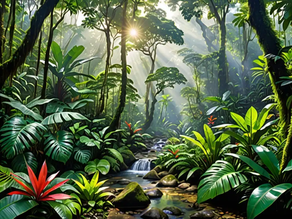 Imagen de exuberante selva tropical con diversidad de flora y fauna