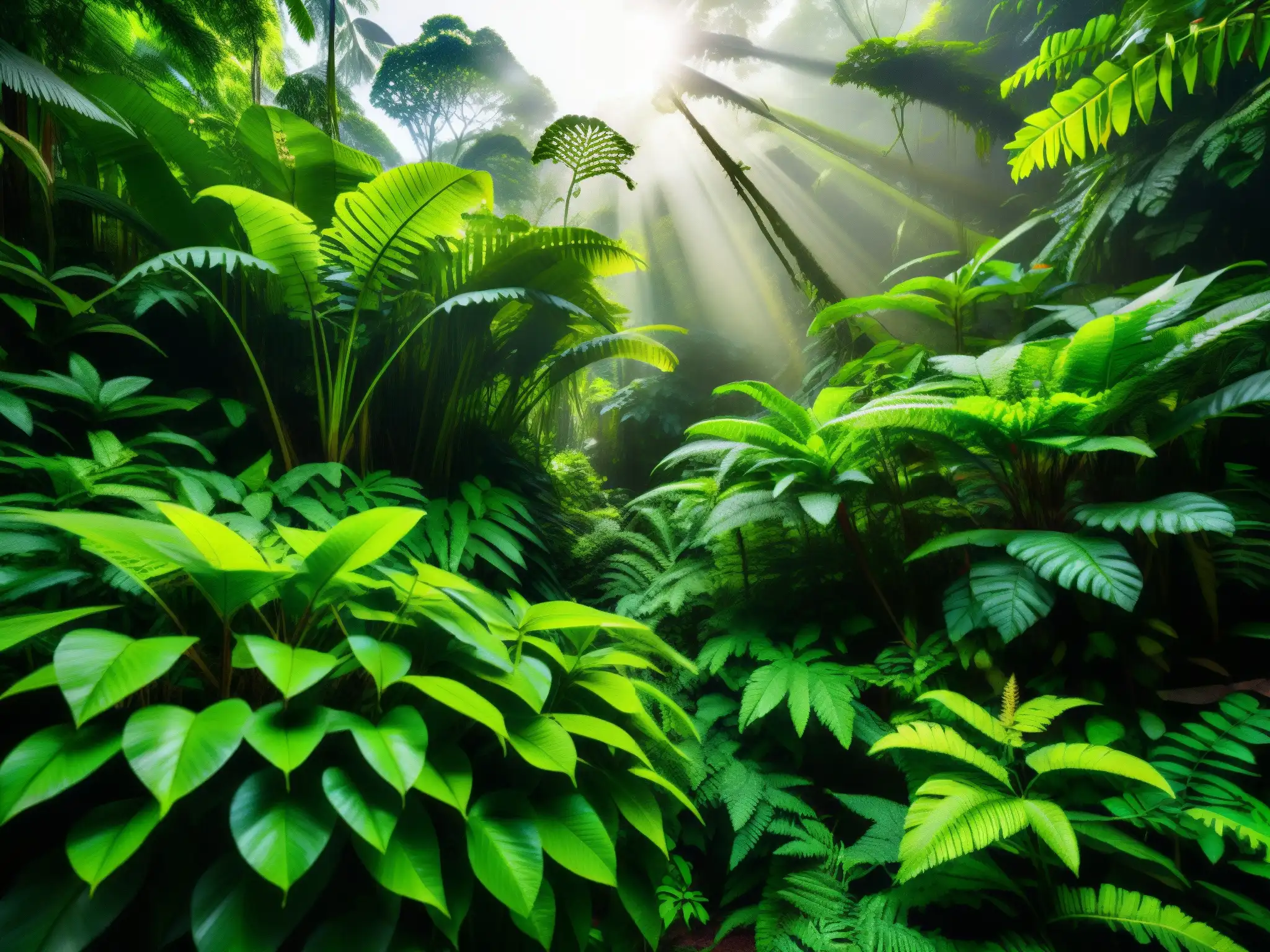 Imagen de exuberante selva tropical con diversa vegetación