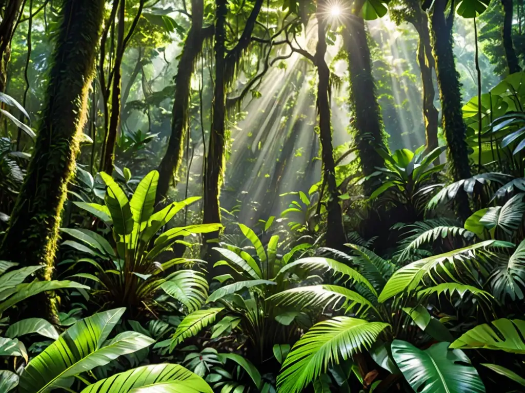 Selva exuberante: biodiversidad y belleza natural Imagen de exuberante selva tropical con diversidad de vida, luces y sombras
