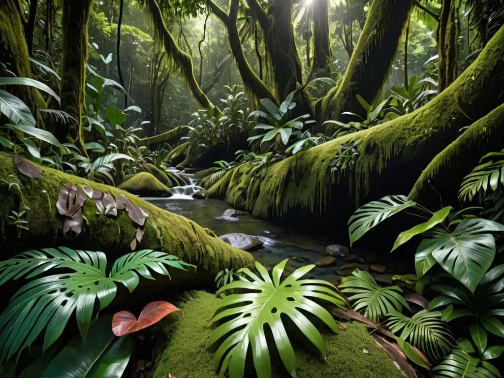 Imagen en 8k de exuberante selva con vida silvestre diversa y arroyo cristalino