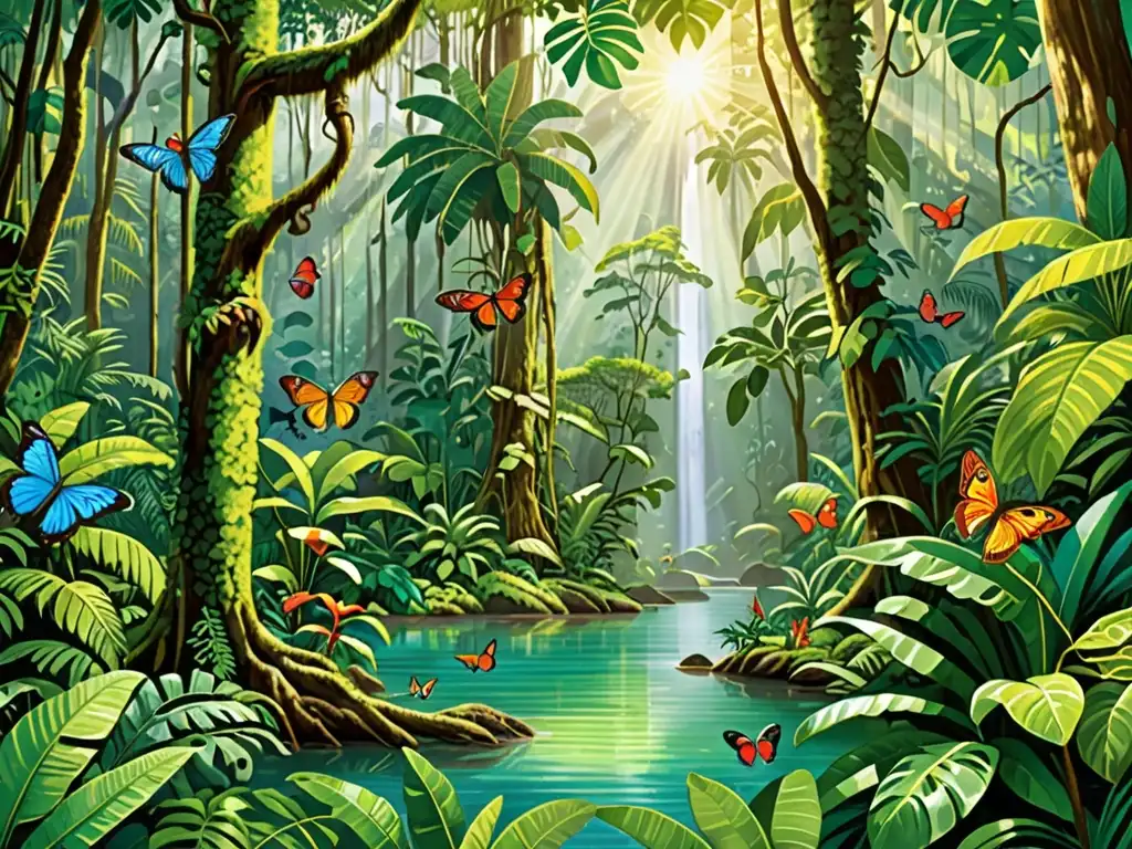 Imagen de un exuberante y vibrante bosque tropical con vida silvestre, río sereno y luz filtrándose