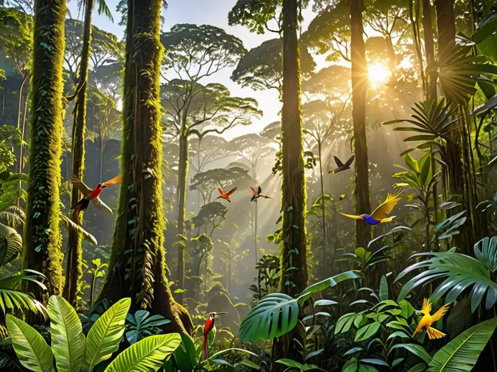 Imagen de un exuberante y vibrante paisaje de selva con una diversidad de flora y fauna, bañado en la luz dorada del atardecer