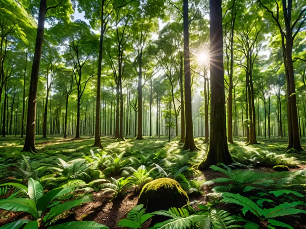 Imagen de un frondoso bosque verde con árboles altos y luz solar filtrándose