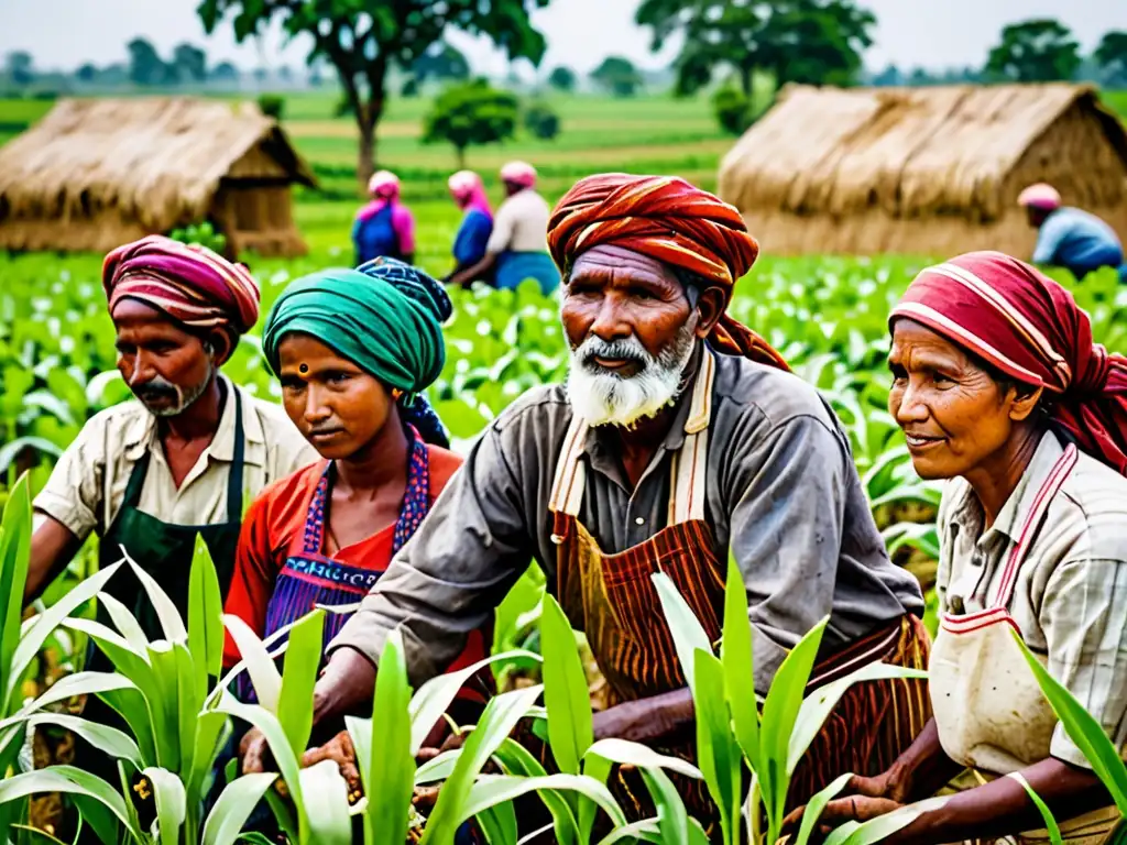 Una imagen de gran resolución que muestra a agricultores de diferentes culturas trabajando juntos en un campo verde exuberante