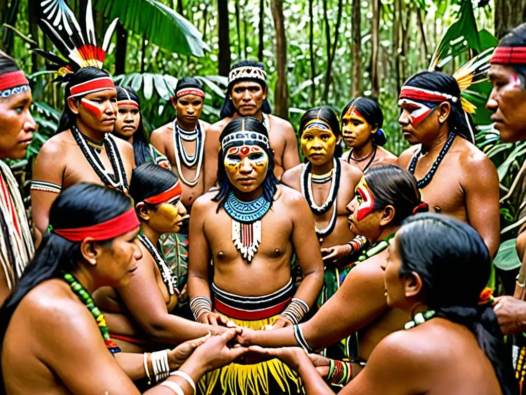 Imagen de grupo indígena en ceremonia en la selva, resaltando la protección jurídica transnacional de la biodiversidad