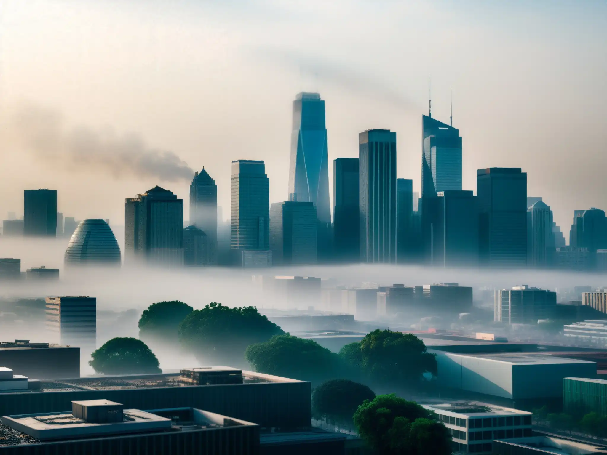 La imagen muestra la huella de carbono corporativa en una bulliciosa ciudad, con edificios altos y calles congestionadas