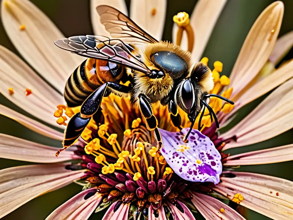 Devastador impacto de pesticidas: abeja luchando en flor moribunda Imagen impactante de una abeja cubierta de residuos de plaguicidas, luchando por volar sobre una flor marchita