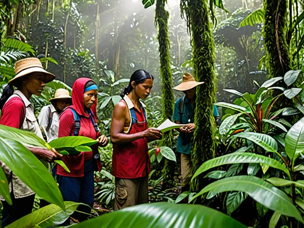 Imagen impactante de agricultores e investigadores indígenas trabajando en la selva, resaltando la colaboración y sostenibilidad en el biocomercio