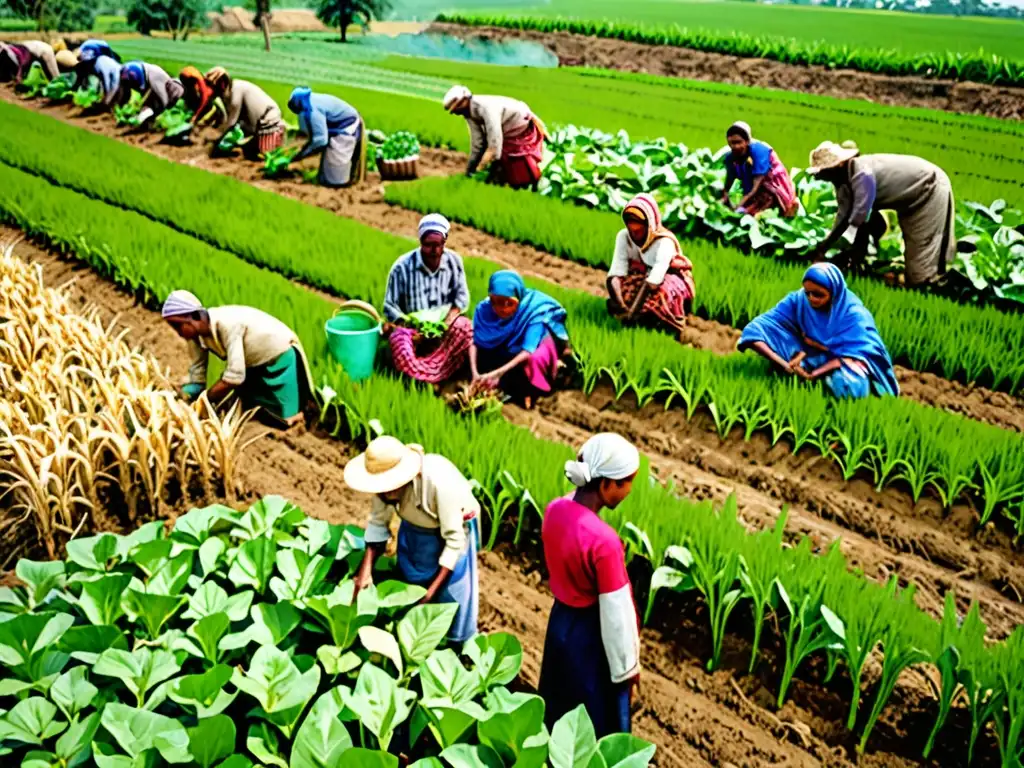 Una imagen impactante de agricultores trabajando juntos en un entorno agrícola sostenible y resiliente, mostrando la relación armoniosa entre la agricultura y la naturaleza