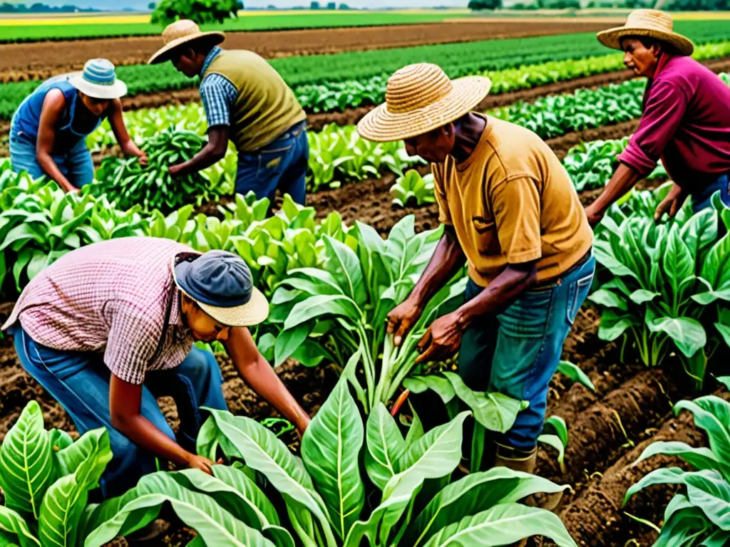 Imagen impactante de agricultores trabajando juntos en un campo verde, mostrando la agricultura resiliente ante el cambio climático