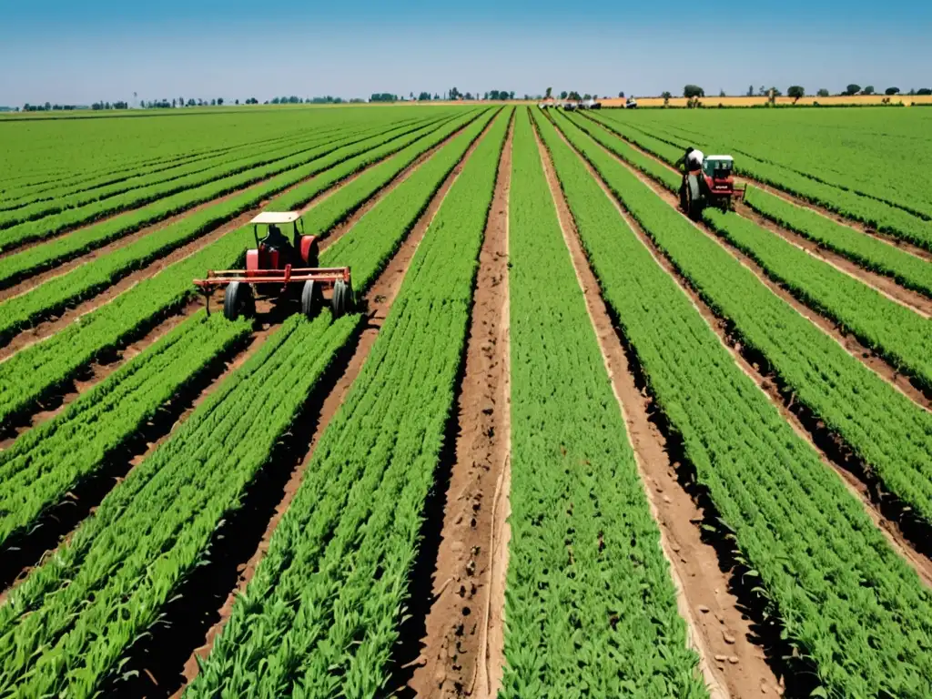 Imagen impactante de la agroindustria: trabajadores cosechando en un extenso paisaje agrícola, resaltando los derechos humanos