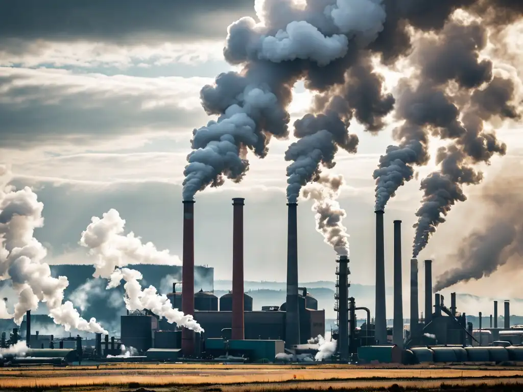 Imagen impactante de área industrial con humo denso contrastando con un paisaje natural sereno