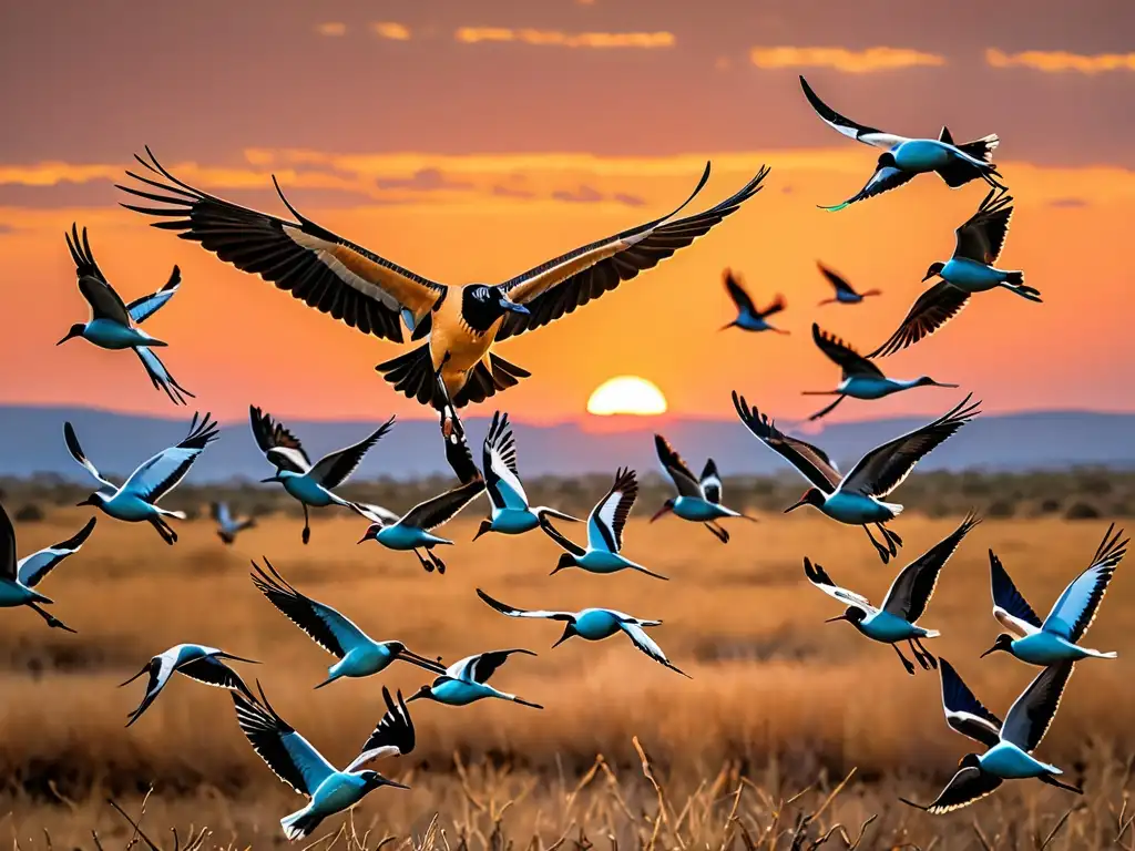 Imagen impactante de aves migratorias en vuelo, detalladas plumas y colores vibrantes, sobre un atardecer impresionante en un vasto territorio salvaje