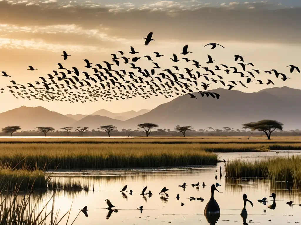 Imagen impactante de aves migratorias volando sobre un extenso humedal, resaltando la efectividad de los acuerdos internacionales de conservación de especies migratorias