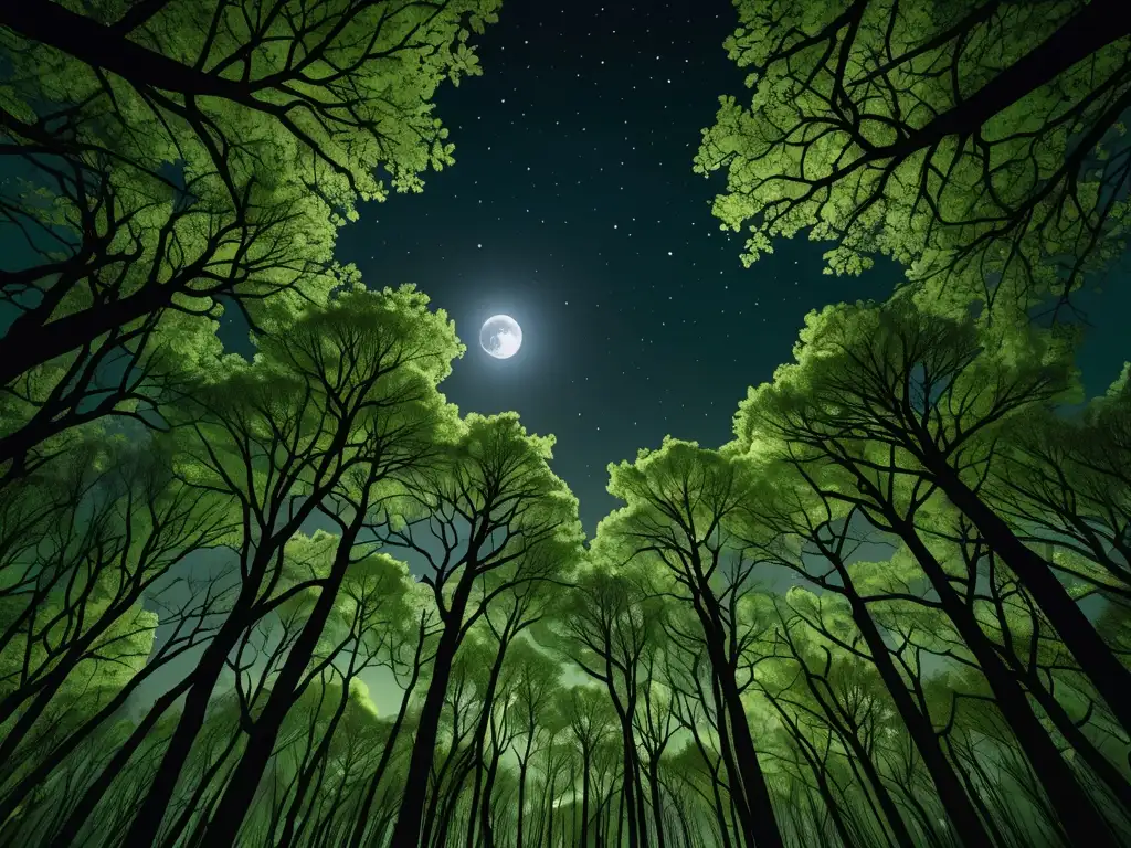 Imagen impactante de un bosque sereno iluminado por la luna, con contaminación lumínica en espacios verdes