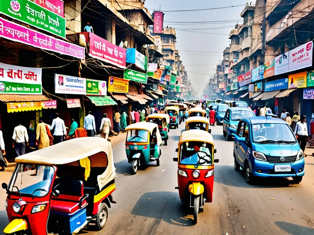 Una imagen impactante de la bulliciosa calle de Nueva Delhi, India, muestra el contraste entre los rickshaws tradicionales y los vehículos eléctricos modernos