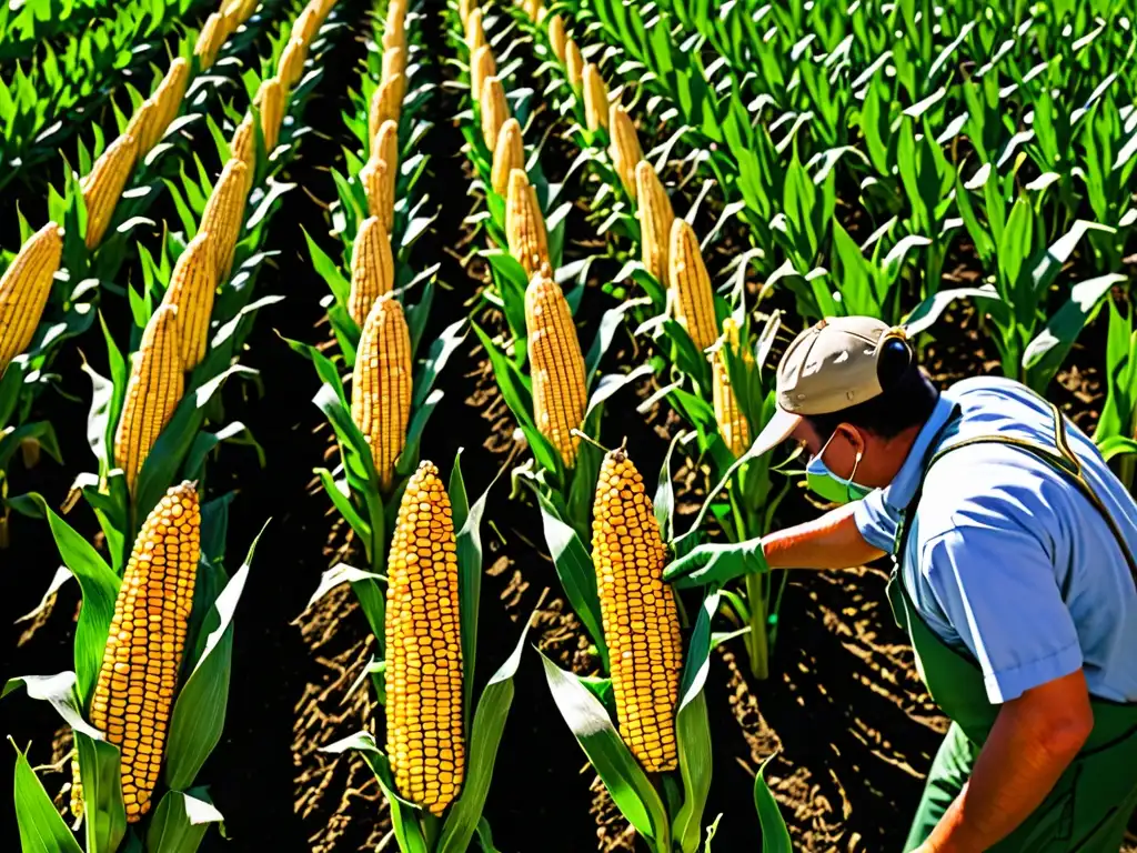 Una imagen impactante de un campo de maíz modificado genéticamente, con tonos vibrantes y un trabajador agrícola