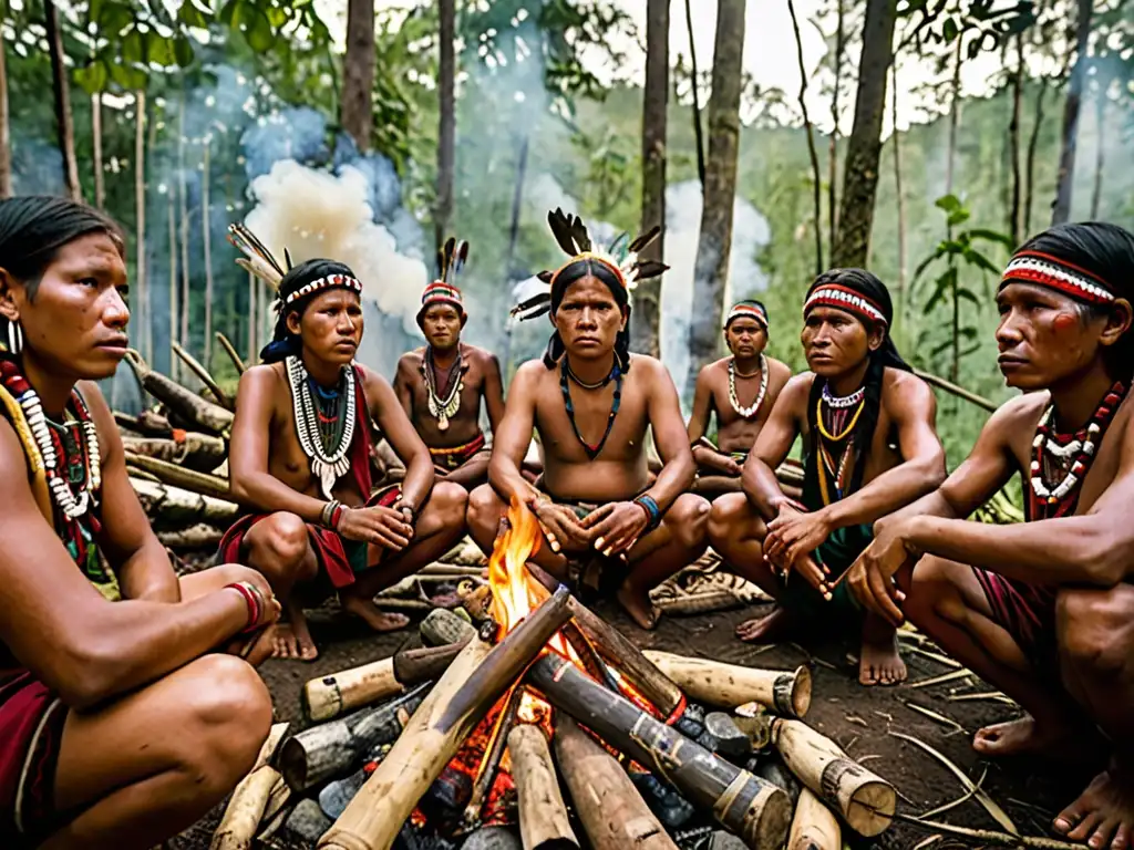 Imagen impactante de una comunidad indígena reunida alrededor de un fuego, mostrando determinación y resiliencia